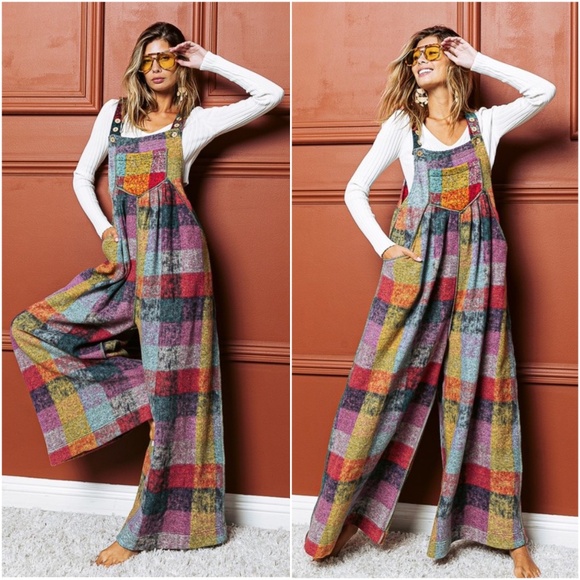 Bibi Multicolor Brushed Fabric Checkered Plaid Wide leg Jumpsuit - Picture 3 of 5